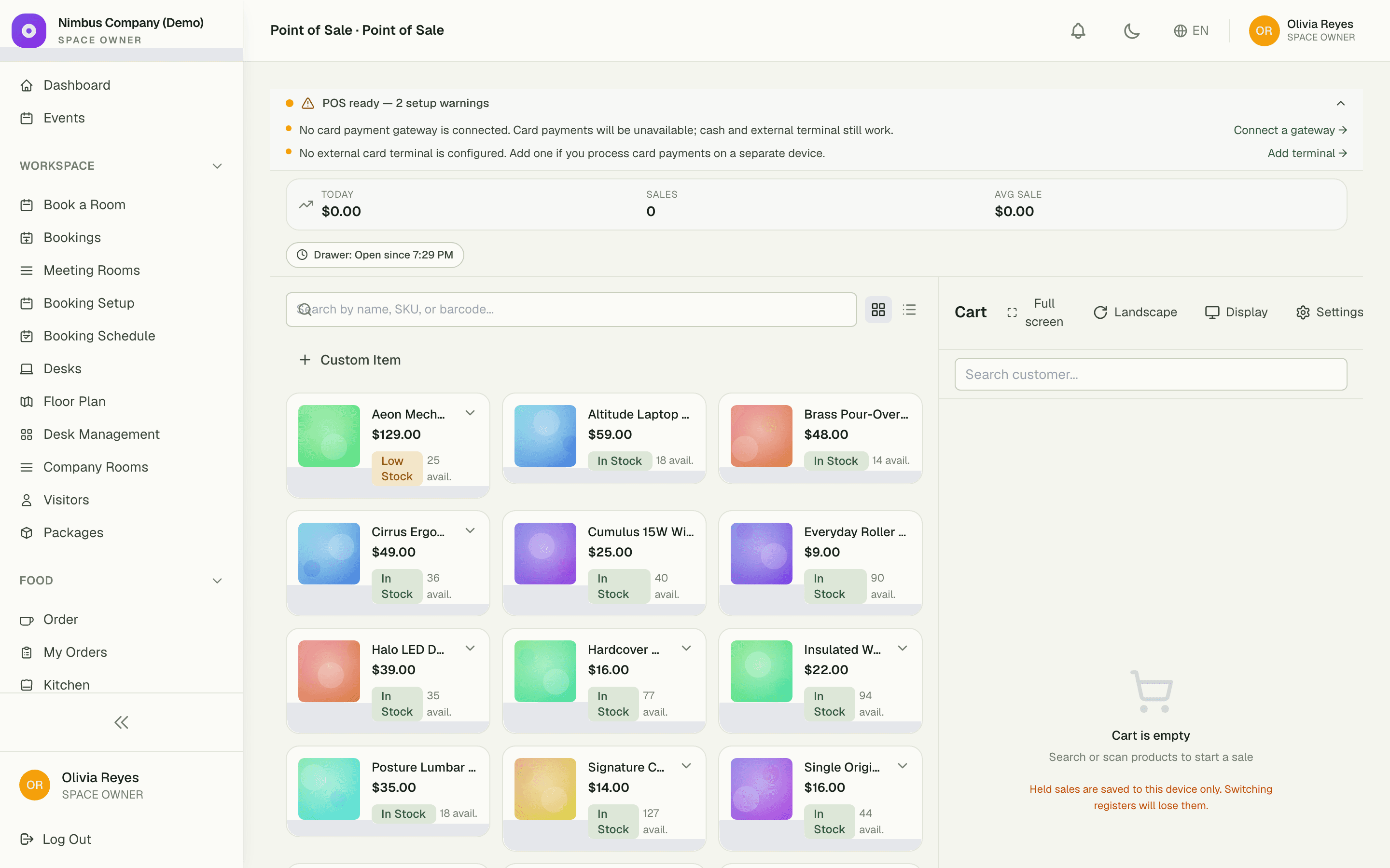 POS register with product grid and cart